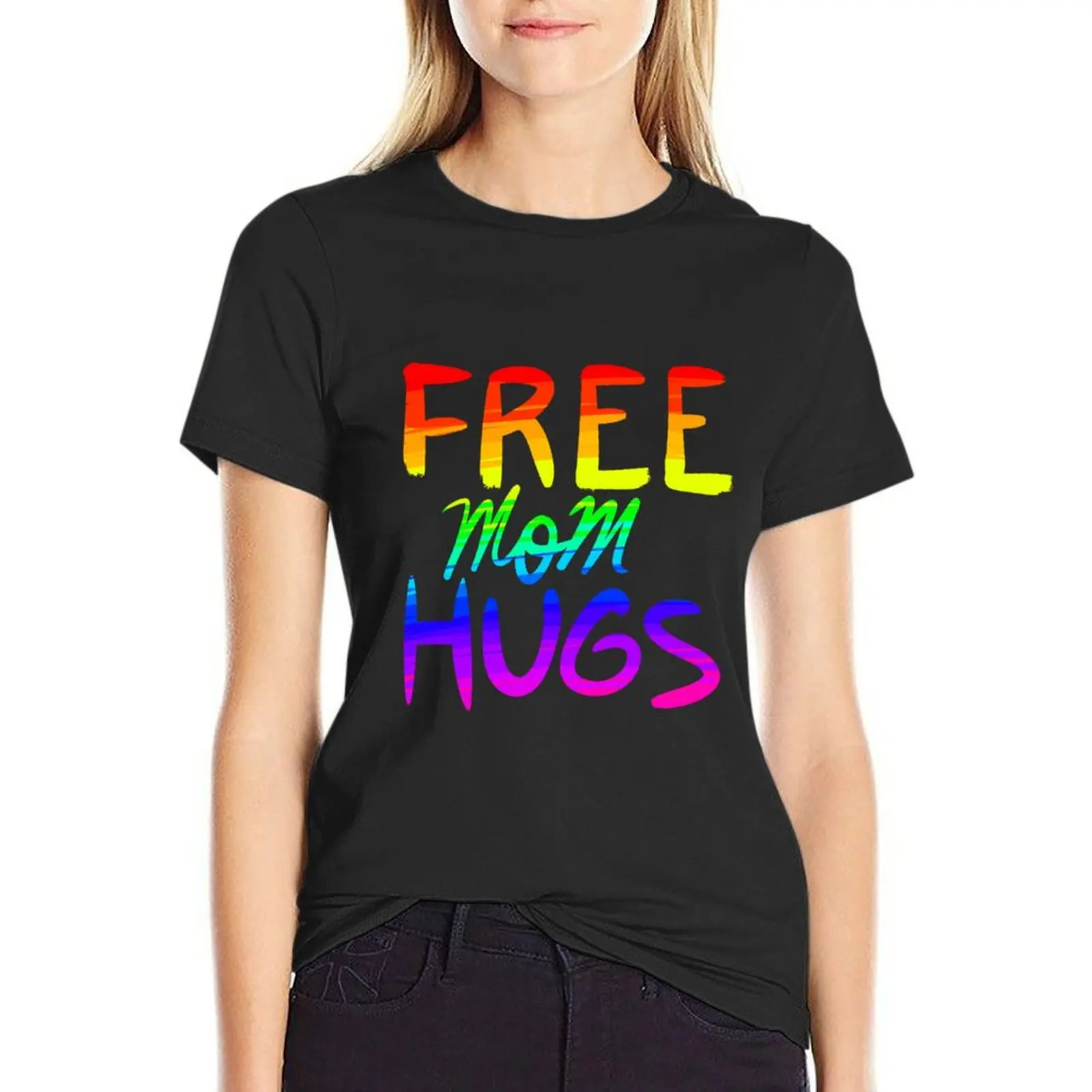 

Free Mom Hugs: Pride Rainbow T-Shirt cute tops summer top kawaii clothes summer tops t-shirts for Women cotton