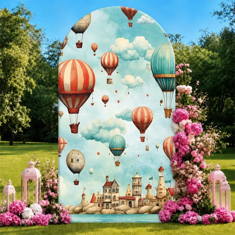 Single Side Arch Backdrop Cover Whimsical Hot Air Balloon Fantasy Background Cloth for Elegant Party Decorations Featuring