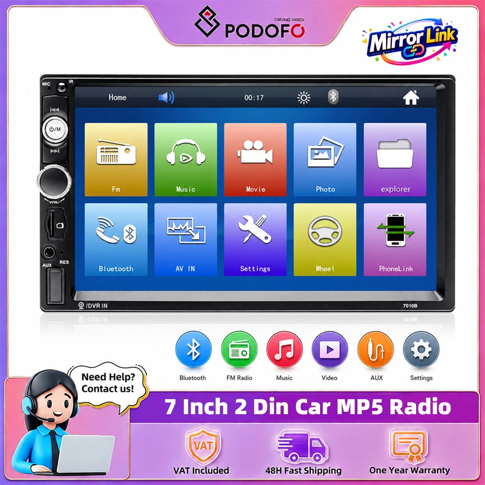 Lecteur MP5 stéréo pour voiture Podofo 2 Din, écran tactile 7 pouces, système intelligent pour voiture, Mirrorlink, autoradio universel, lecteur multimédia, WIFI, FM, BT, autoradio, prise en charge de la connexion avec caméra de recul
