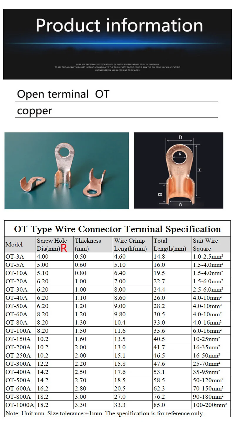OT 10A 60A 100A 200ACable Kupfer Lug Batterie Anschluss Ring Terminal 20A 30A 40A 50A 150A 200A 300A – Detail 4