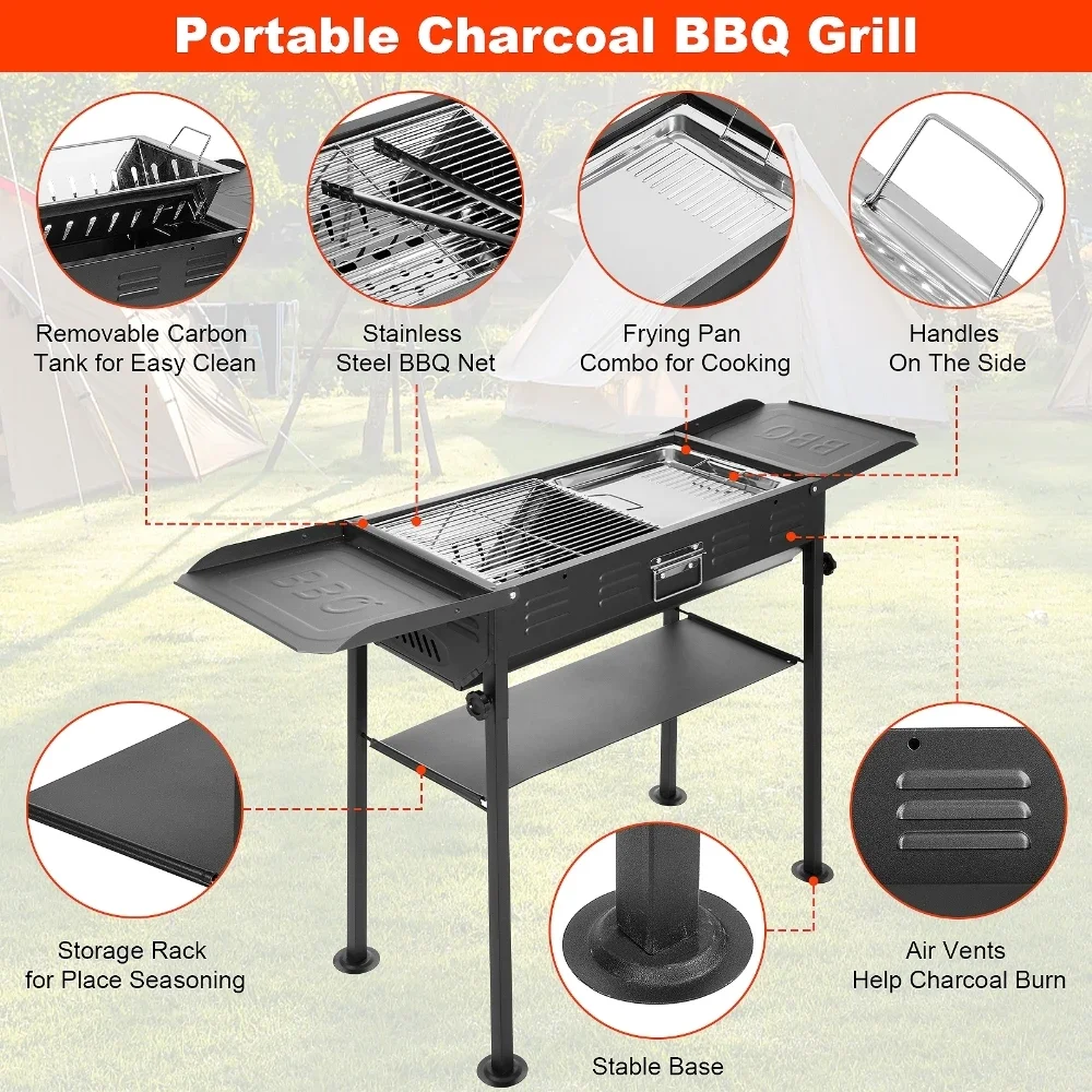 120x30x65cm Portable BBQ Grill Folding Charcoal Grill Household Garden Backyard Camping Barbecue Grill Stainless steel Black