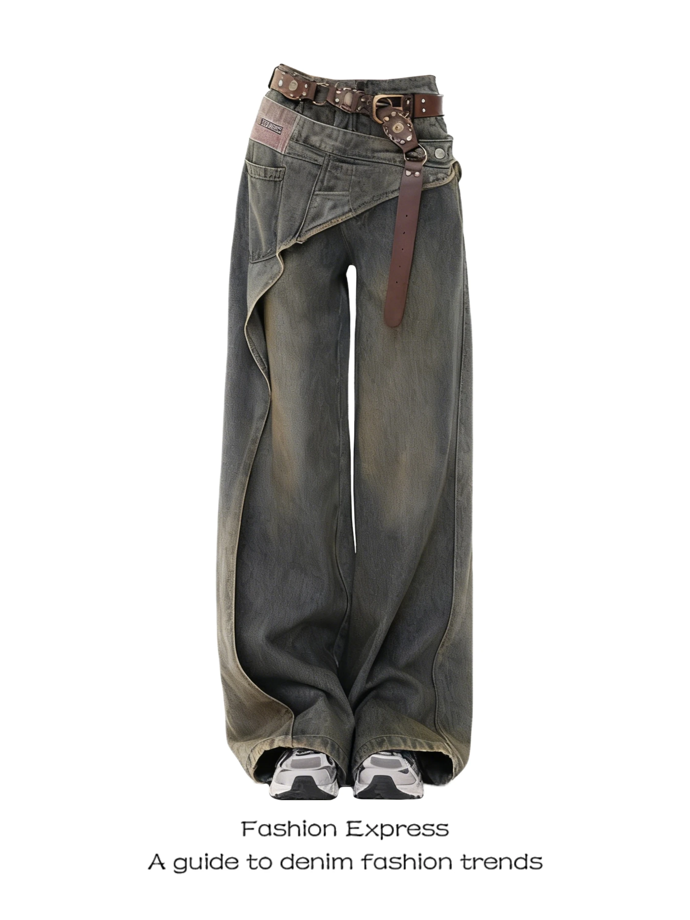 

Unique Design Distred Denim Jeans Women's American Hot Girl Irregular Patchwork High Waist Wide Leg Pants Casual Sle