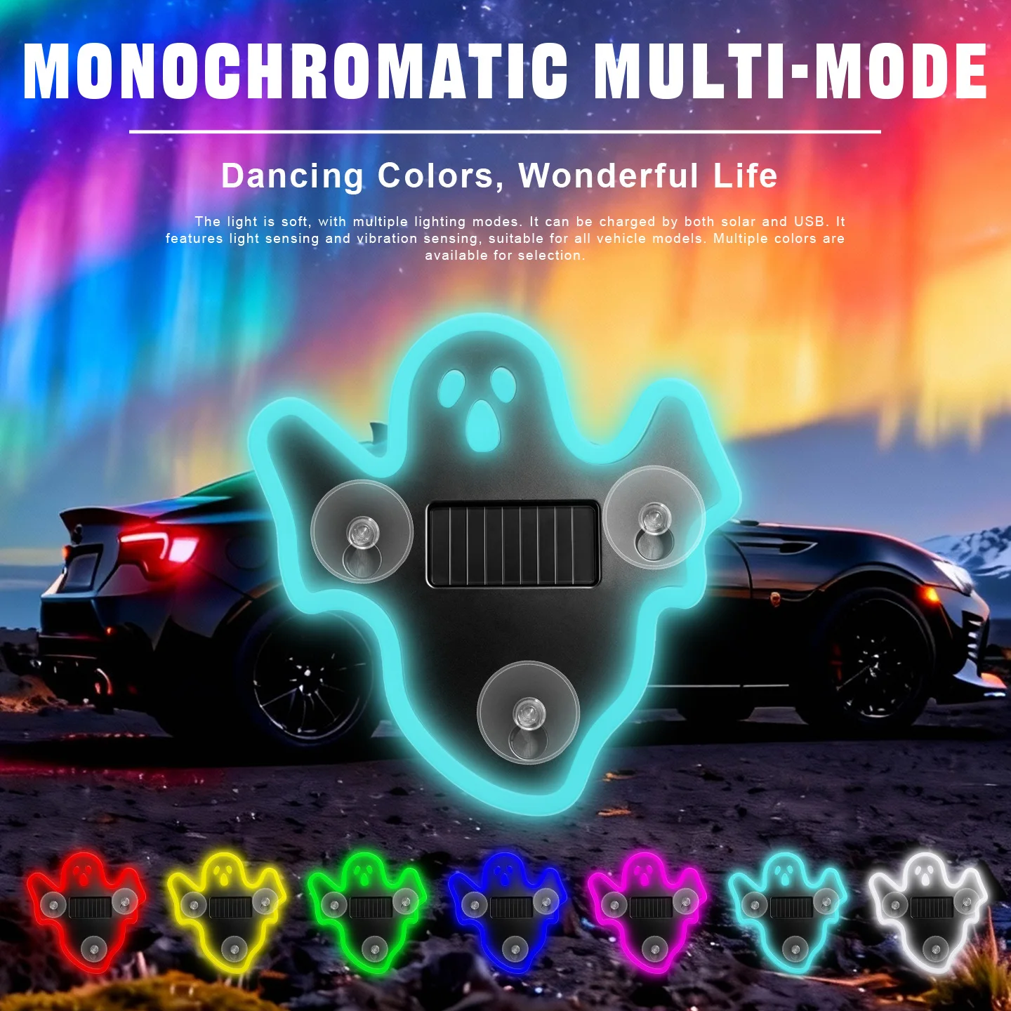 1/5pcs Solar Powered LED Car Ghost Dynamic Ambient Light Auto Rear Windshield Strobe Safety Halloween Decorative Ambient Lamp