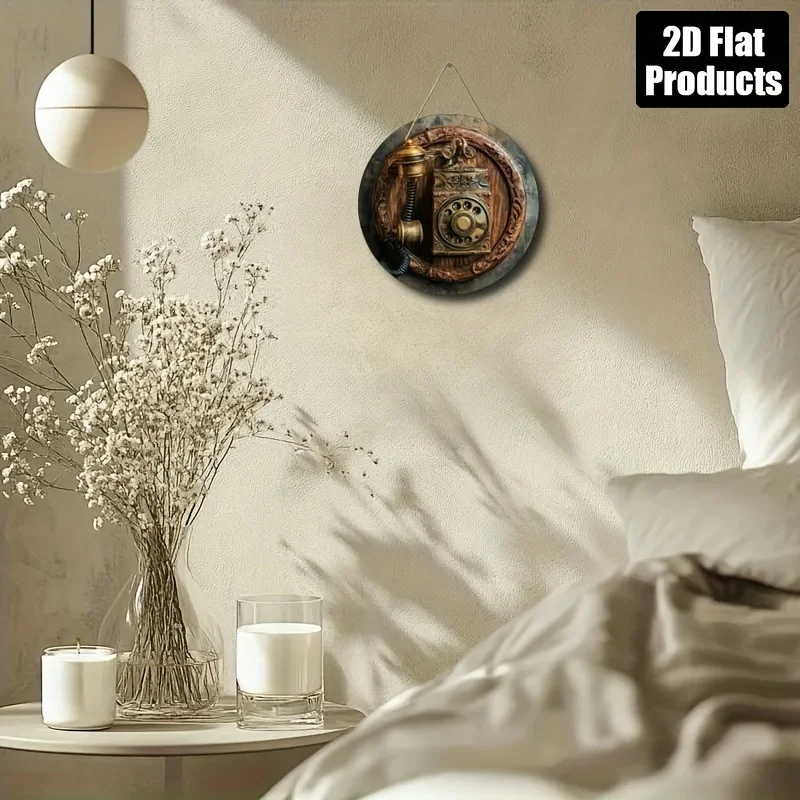 2D Flat, 1pc Round Wooden Decorative Plaque Signboard with Vintage Telephone Theme, Suitable for Bar Kitchen Cafe Home Living Ro