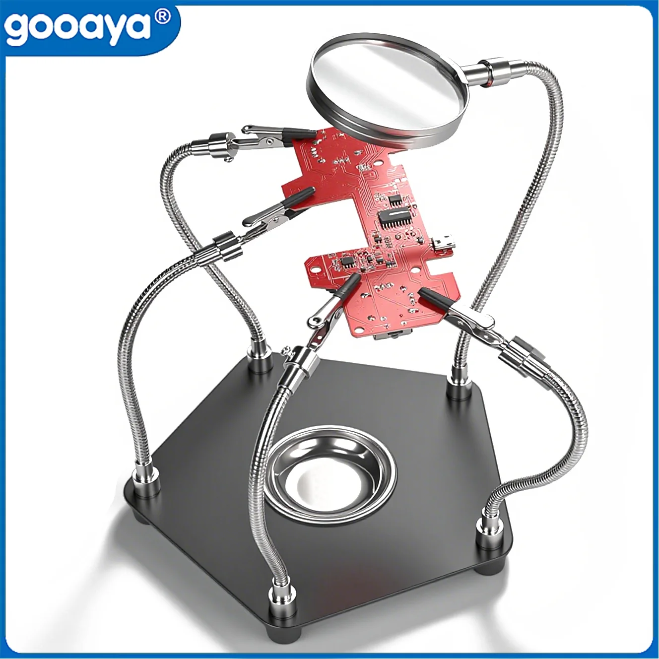 3x lupa ajudando as mãos estação de suporte de solda pcb braços flexíveis bandeja de armazenamento de base de metal para eletrônico