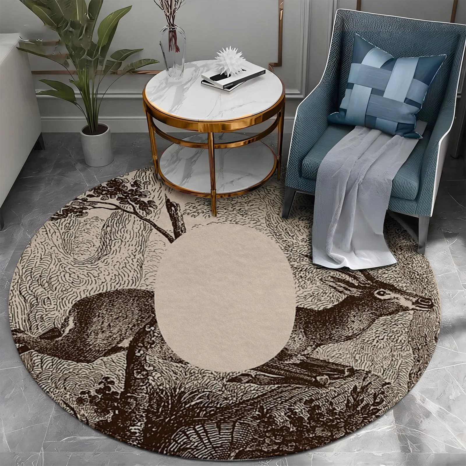 Stylish Round Deer Print Area Rug Boho Farmhouse Living Room Accent Carpet Wildlife Animal Pattern Decor Nursery Mat Islamic Sty - view 5