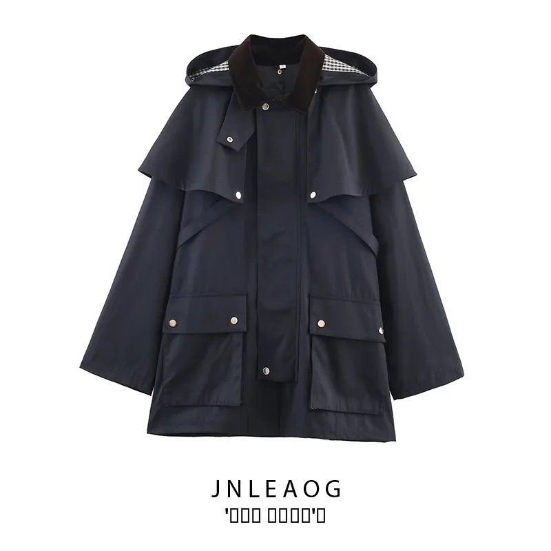 

JNLEAOG Faionable Autumn New Arrival Women's Coat Hooded Color Blo Collar Windbreaker Straight Cut Long Sve Midi Length