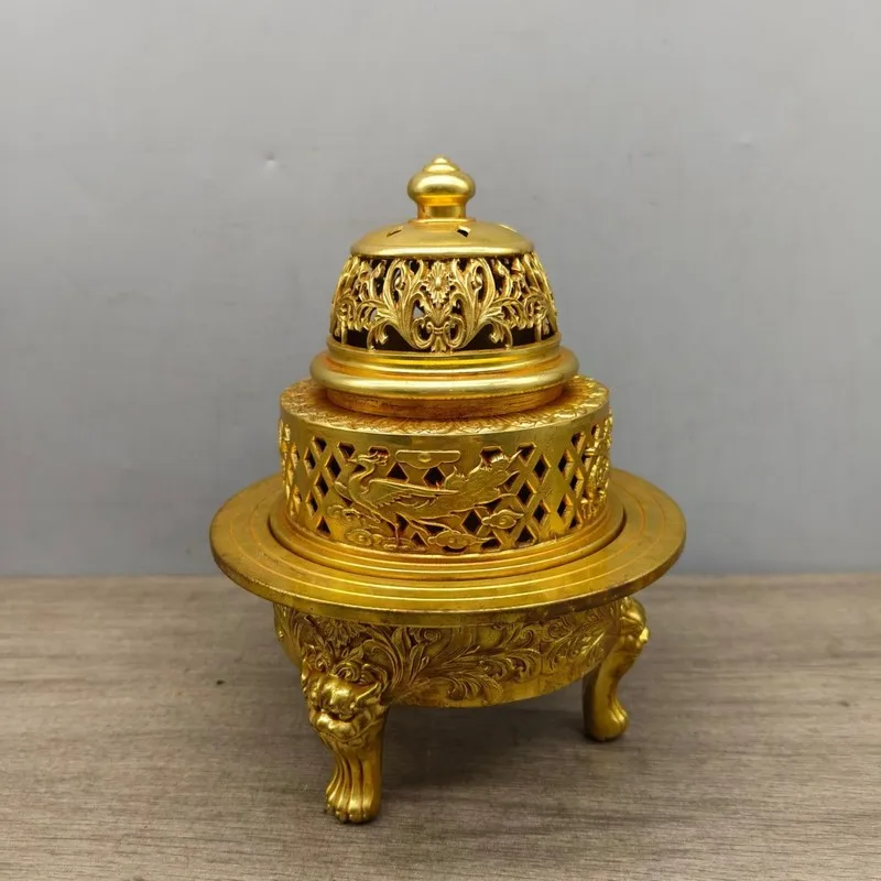 Gilt Brass Four Divine Beasts Incense Burner, Three-Layer Hollowed-Out Imperial Incense Burner, Incense Ceremony Supplies Orname