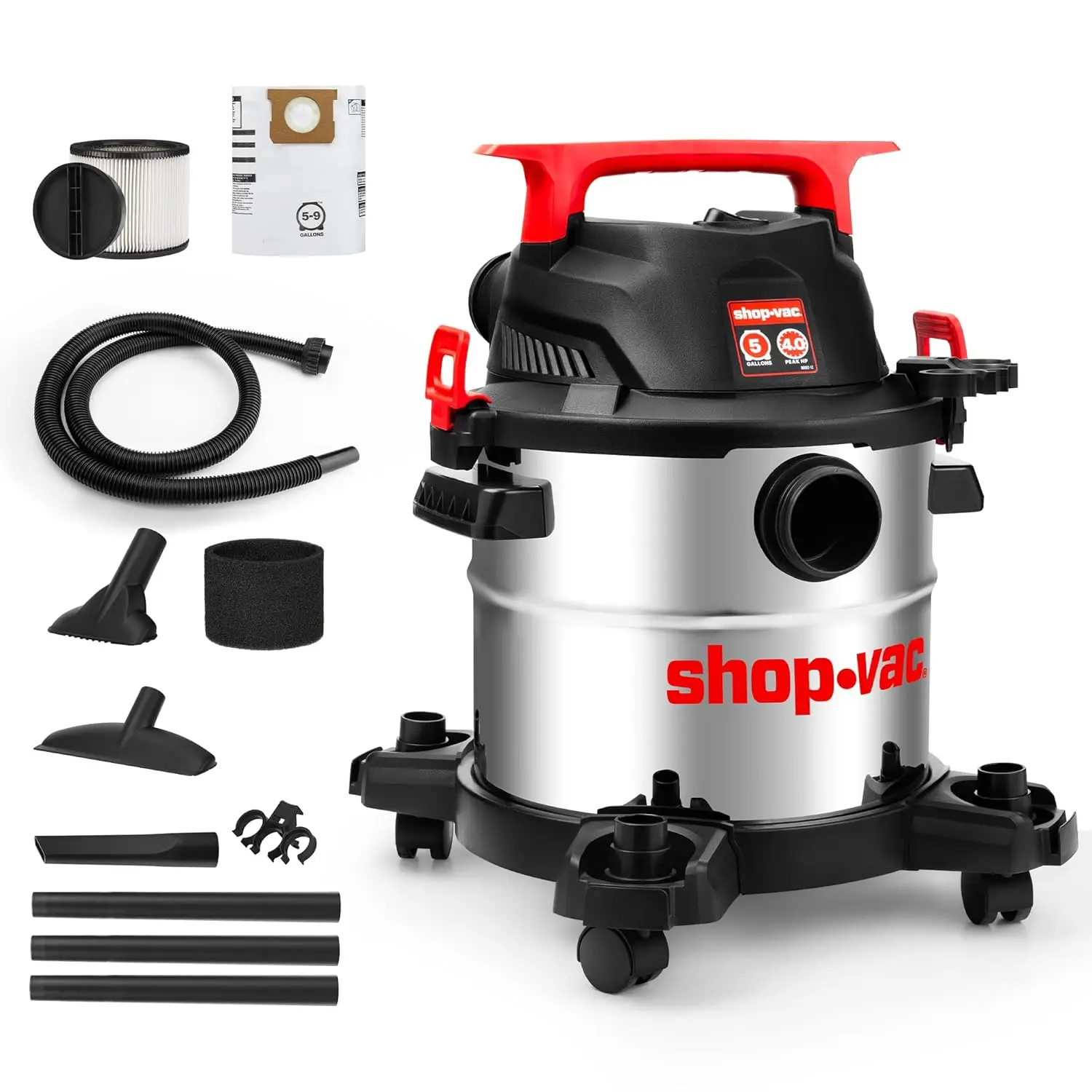 5-Gallon Wet/Dry Vacuum with 4 HP Motor, 7ft Hose & Accessories for Garage, Workshop & Home Cleaning