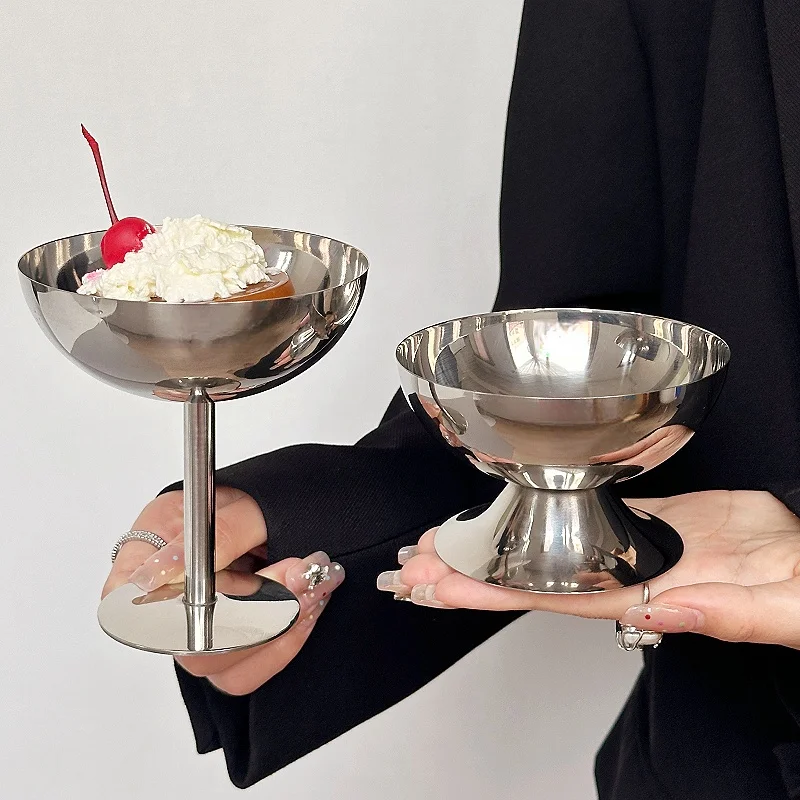 Ins Style Ice Cream Cups Salad Bowl Stainless Steel Dessert Fruit Plate Snack Dish Tall Cocktail Cup Food Blogger Photo Props Or