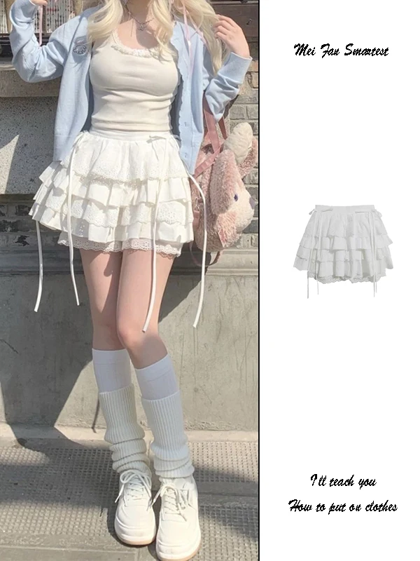 Ballet Style White Lace Puffy Short Skirt Women's Heavy Embellished Bow Tie Half Body High Waist Cake Skirt Korean Version