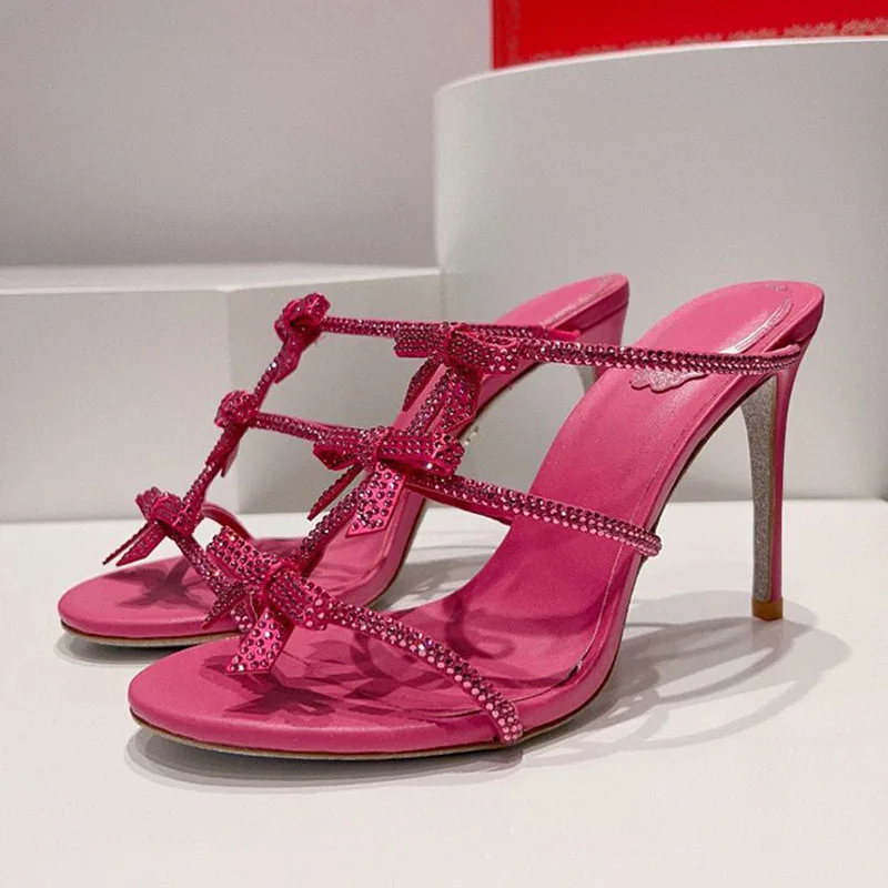 Bling Crystal Bow Knot Thin High Heel Slippers Women's Narrow Band Sandals De Mujer Summer Female Sexy Party Dresses Shoes