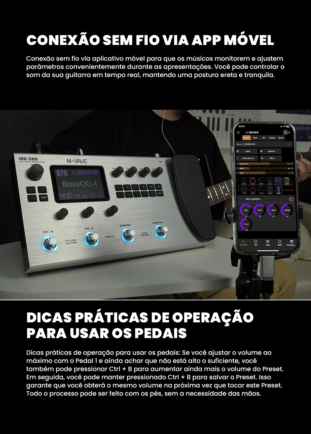 جيتار كهربائي M-VAVE MK300 مع دواسات تأثيرات متعددة، محاكي مكبر صوت عصبي، دورة 300 ثانية، عمر بطارية 128AMP/360FX/10H