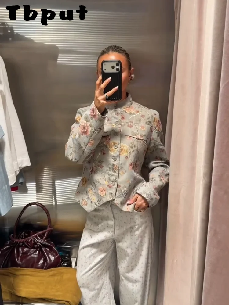 Vintage Printed Jacket Women All Match Full Sleeve O-neck Single-breasted Jackets Female 2026 Autumn Chic Lady Steetwear