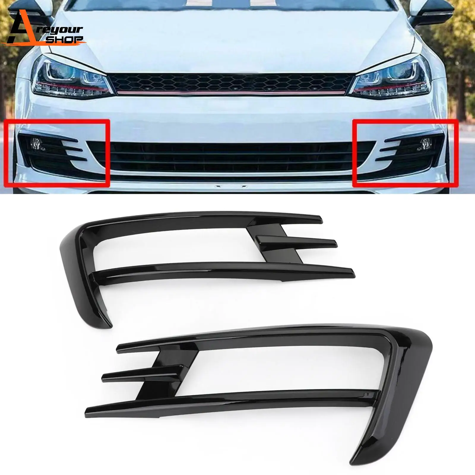 Areyourshop 2PCS Black Front Fog Light Lamp Eyebrow Cover Trim For Golf 7 MK7 2014 2015 2016 2017 Car Accessories Auto Parts