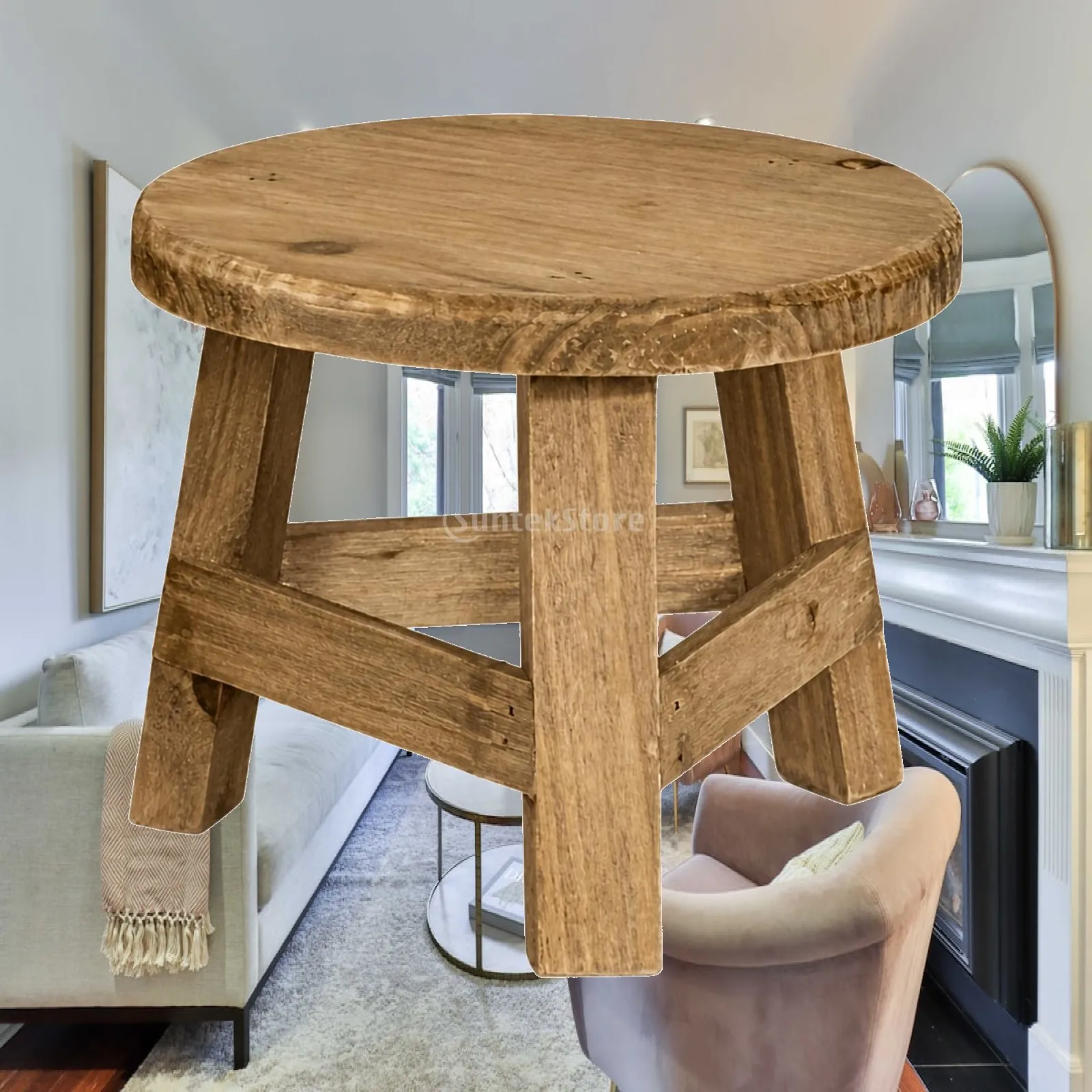 Four Leg Wood Stool Rustic Plant Pedestal for Indoor Outdoor Small Space Decor