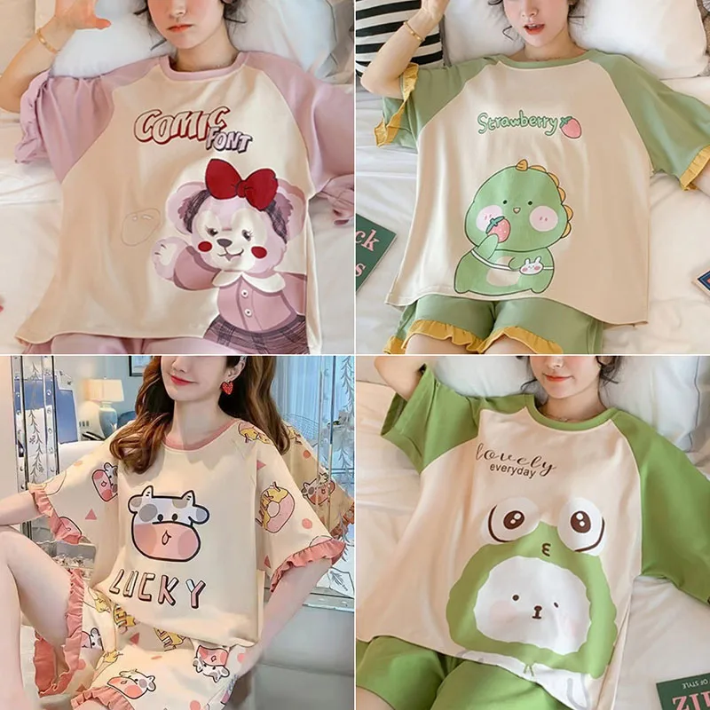 2PCS/Set Pajamas Ladies Short-Sleeved Loose Version Students Large Size Princess Style Strawberry Dinosaur Kawaii Cute Homewear