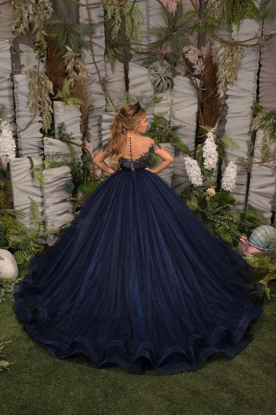 Vestidos de princesa con purpurina para niña, Vestido largo de tul azul marino con cuentas, apliques para fiesta de cumpleaños y boda, vestido Formal de Graduación