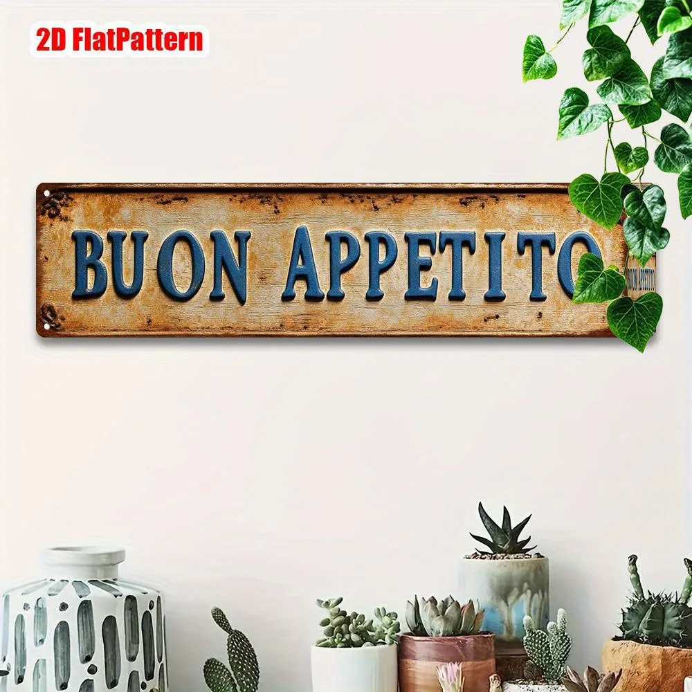 2D Flat, 1pc Italian "BUON APPETITO" Vintage Metal Sign - Large Distressed Rustic Italian Wall Decor with Italian Phrase, Italia image 5