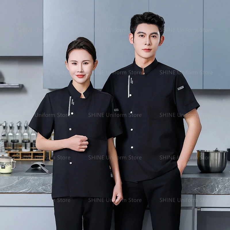 Restaurant Short Sleeve Chef Shorts Jacket Kitchen Breathable Chef Coat Summer Men Black Chef Uniform Apron Work Clothes Logo