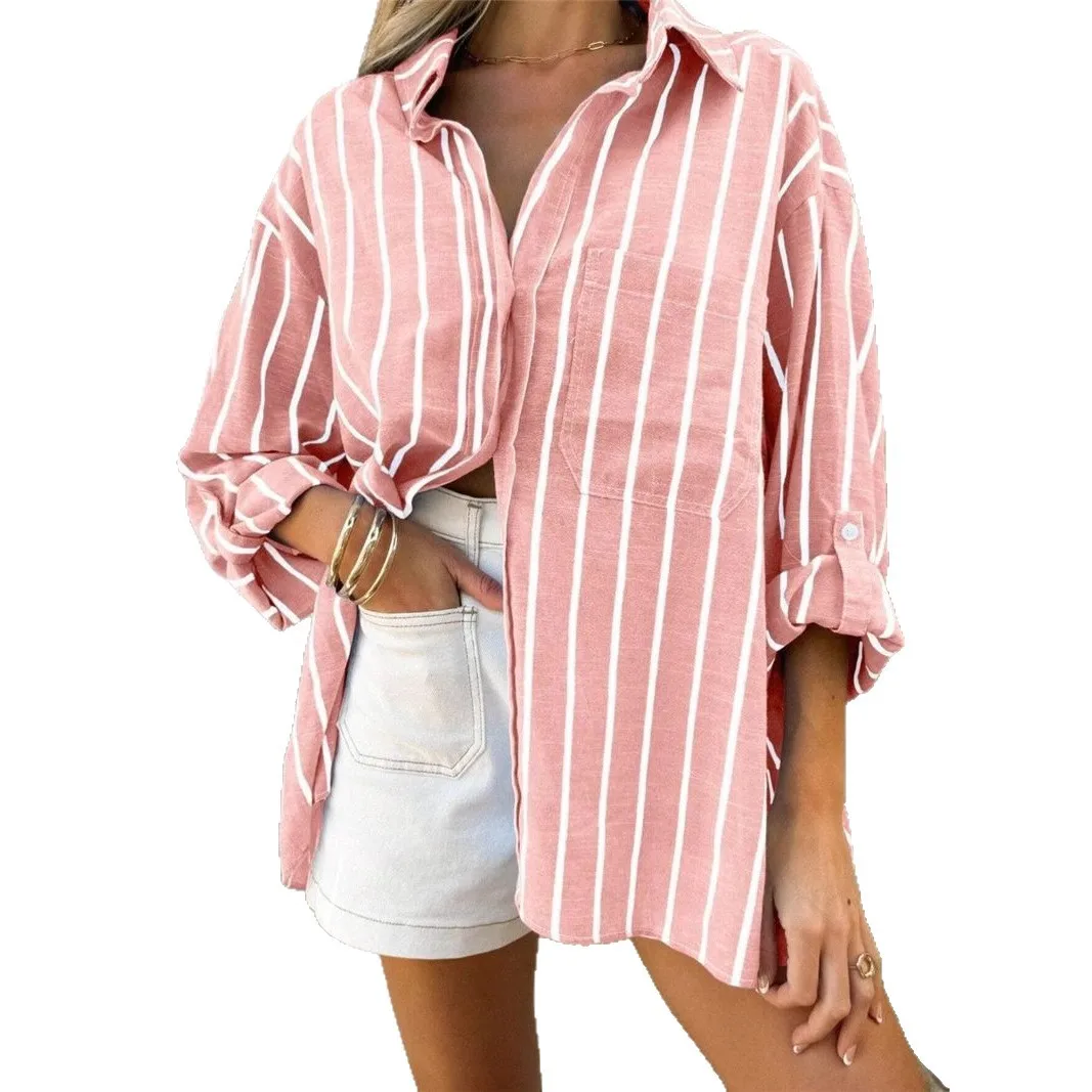 

2025 New Fashion Printed Lapel Button Shirt Women Summer Casual Loose Solid Color Striped Vacation Jacket For Women