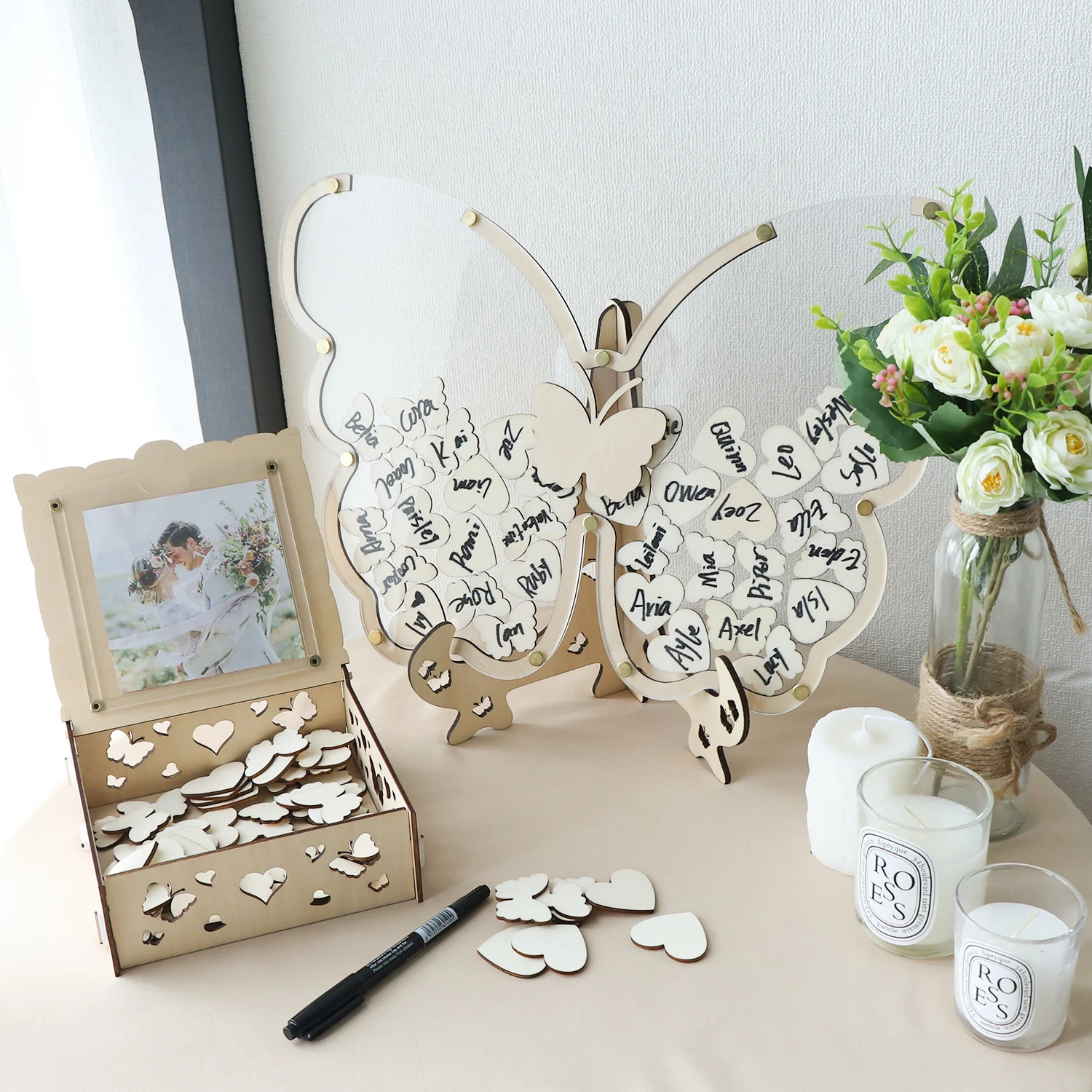 

Wedding Guest Book Alternative Wooden Wreath Wedding Guest Book with 50 Hearts Butterflies Marker Pen for Reception Wedding Sign