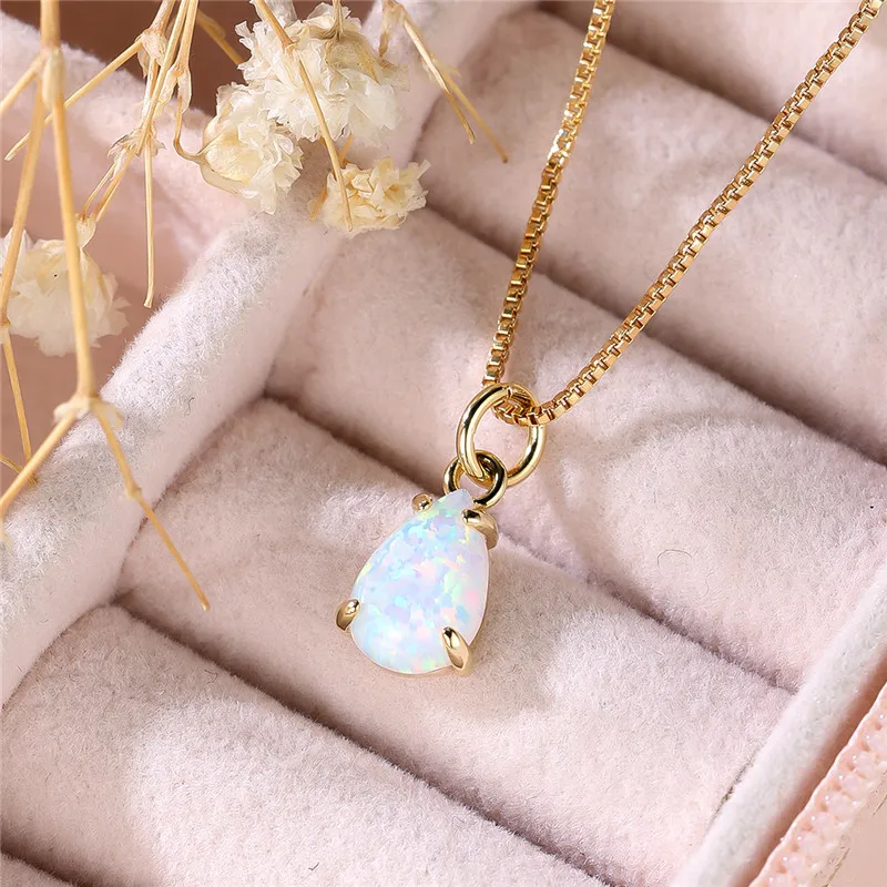 Cute Female White Fire Opal Stone Pendant Necklace Vintage Yellow Gold Color Wedding Jewelry Gift For Women