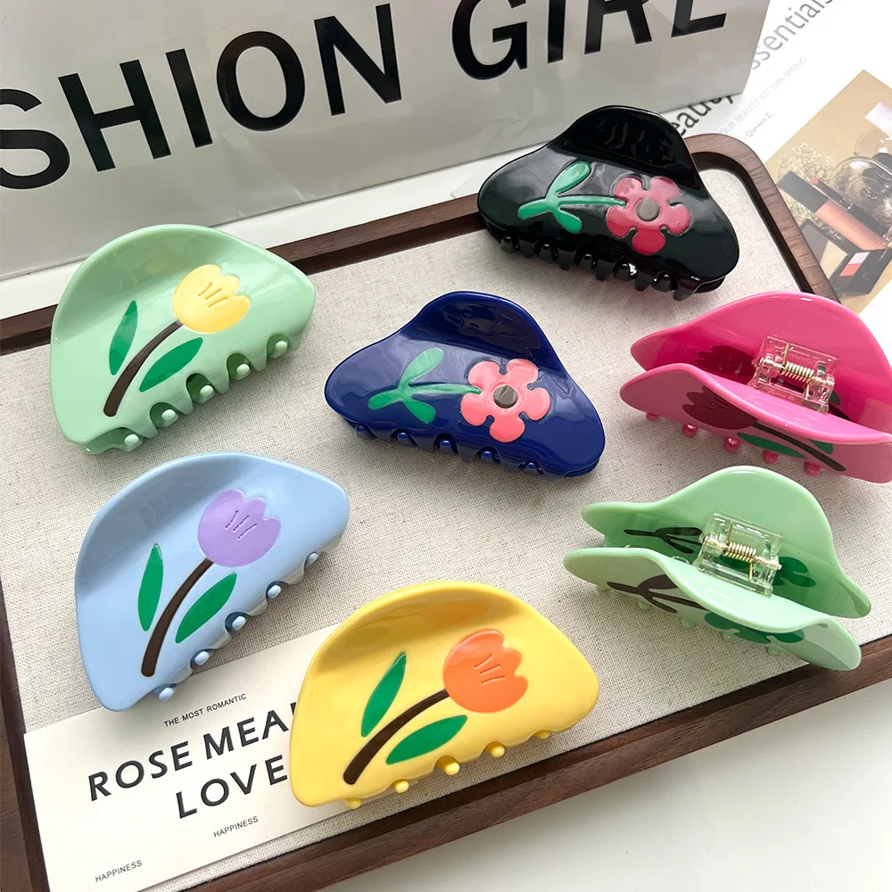 New Summer Colorful Tulip Hair Claw Sweet Flower Acetate Crab Hair Clip Shark Clip for Woman Girl Hairpins Hair Accessory