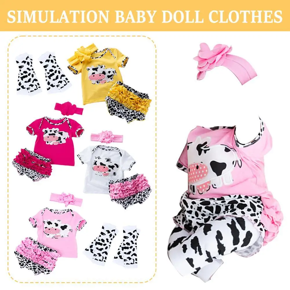 Ropa de muñeca bebé de simulación, camiseta de manga corta de vaca de dibujos animados, conjunto de pantalones PP para ropa de muñeca Reborn de 55cm