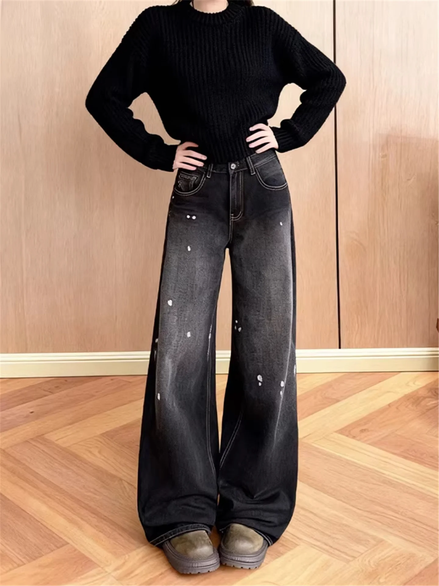 

Женские джинсы с широкими штанинами в стиле ретро-американского граффити, свободные, прямые, повседневные, из хлопка, с высокой талией, на молнии, весенние