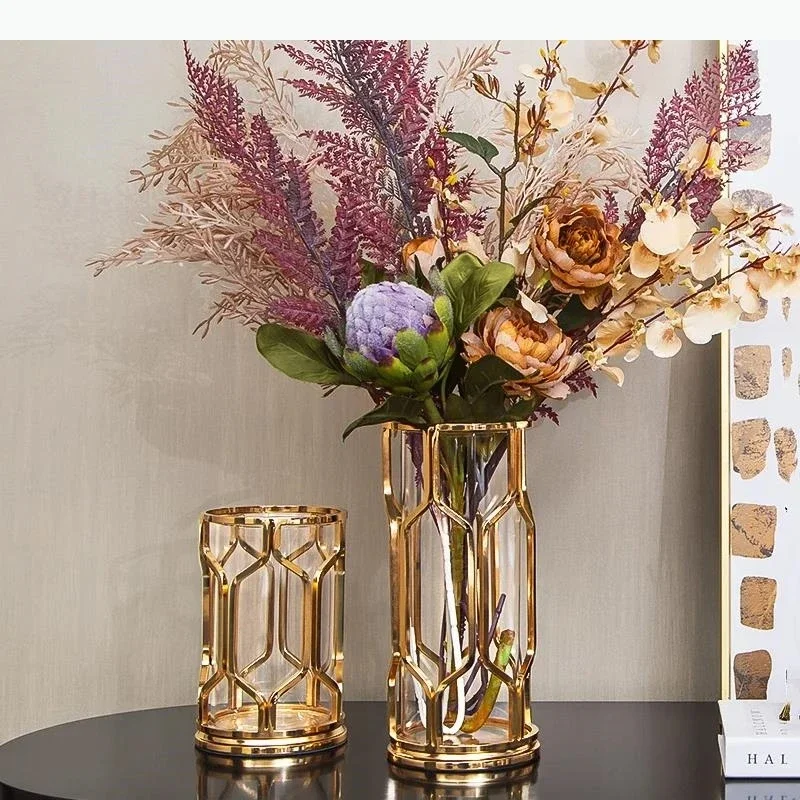 Glass Vase Golden Metal Rack Hollow Out Transparent Glass Hydroponic Flower Arrangement Modern Home Decoration Flower Vase