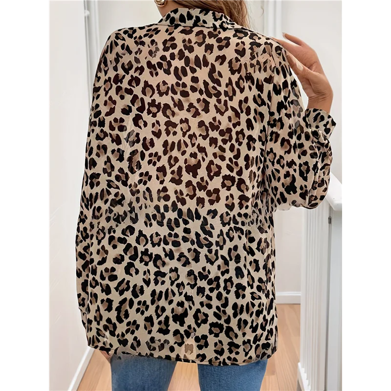 

【SEE】Women's Leopard Print Button Down Blouse Cheetah Long Sleeve Lapel Collar V Neck Shirt Tops