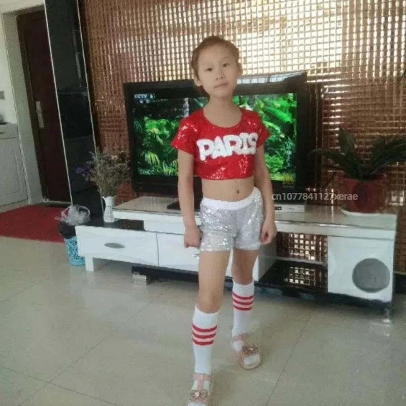 Traje de dança jazz infantil, calças com lantejoulas e meias, conjunto de torcida, hip-hop, performance, meninas, dança de rua
