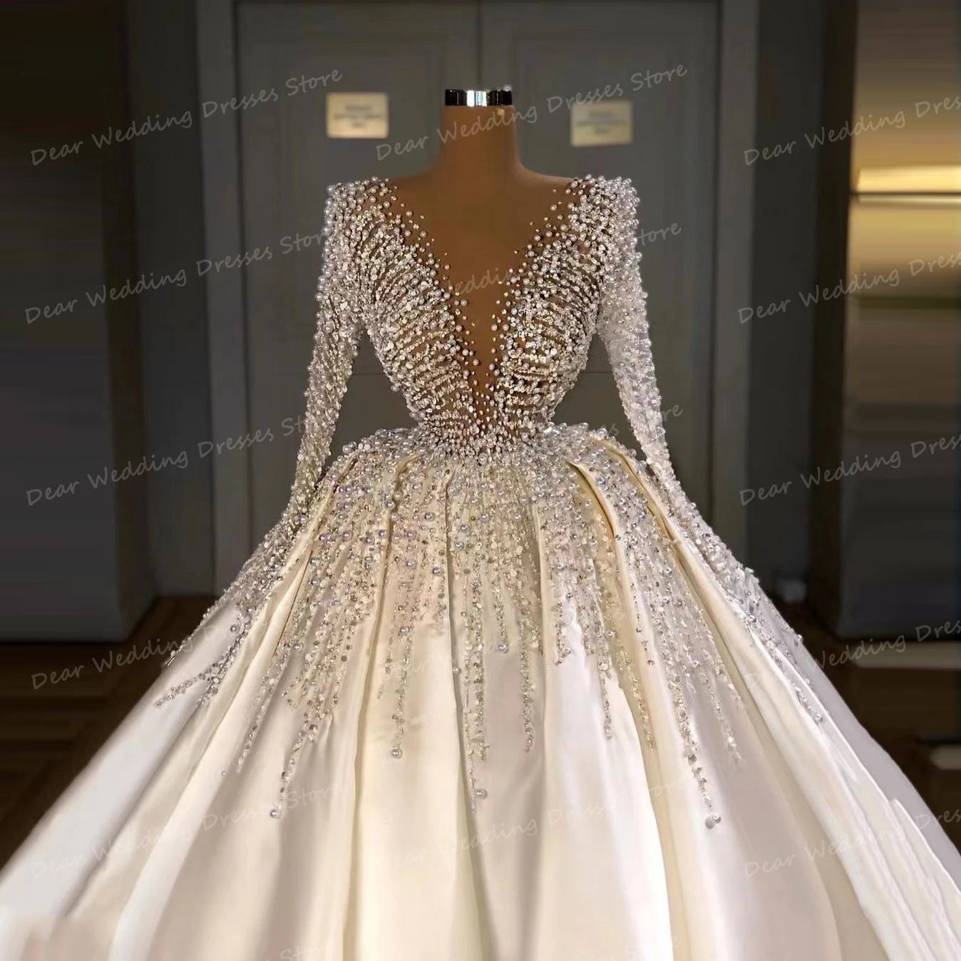 Exquisite A Line 2024 Wedding Dresses Women's Sexy V Neck Beading Pleat Satin For Bridal Ball Gowns Long Sleeve Formal Vestidos