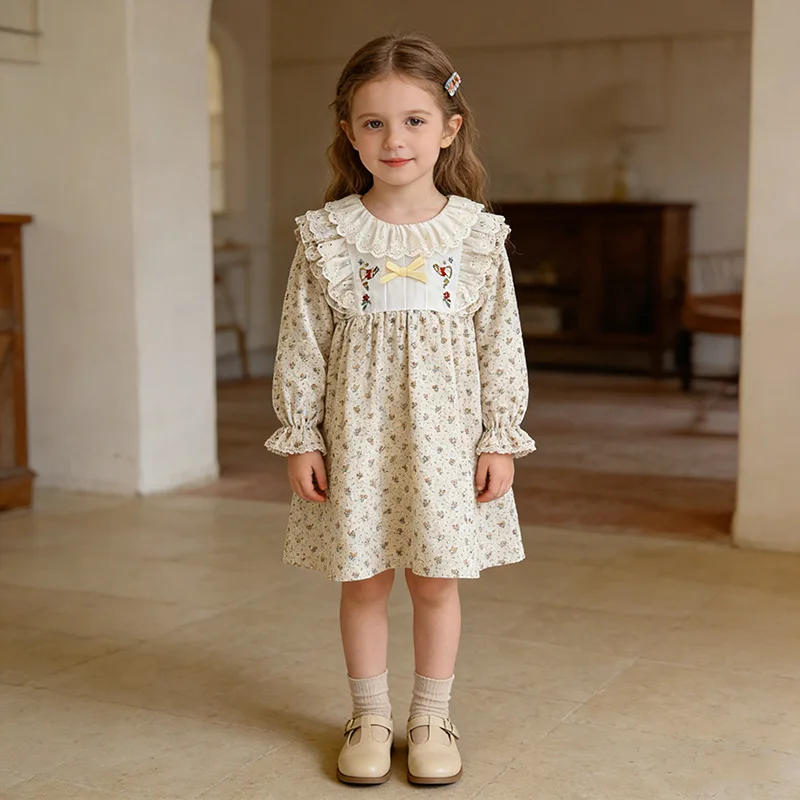 

Girls' dress for spring and autumn, new vintage-style French lace collar floral dress for children