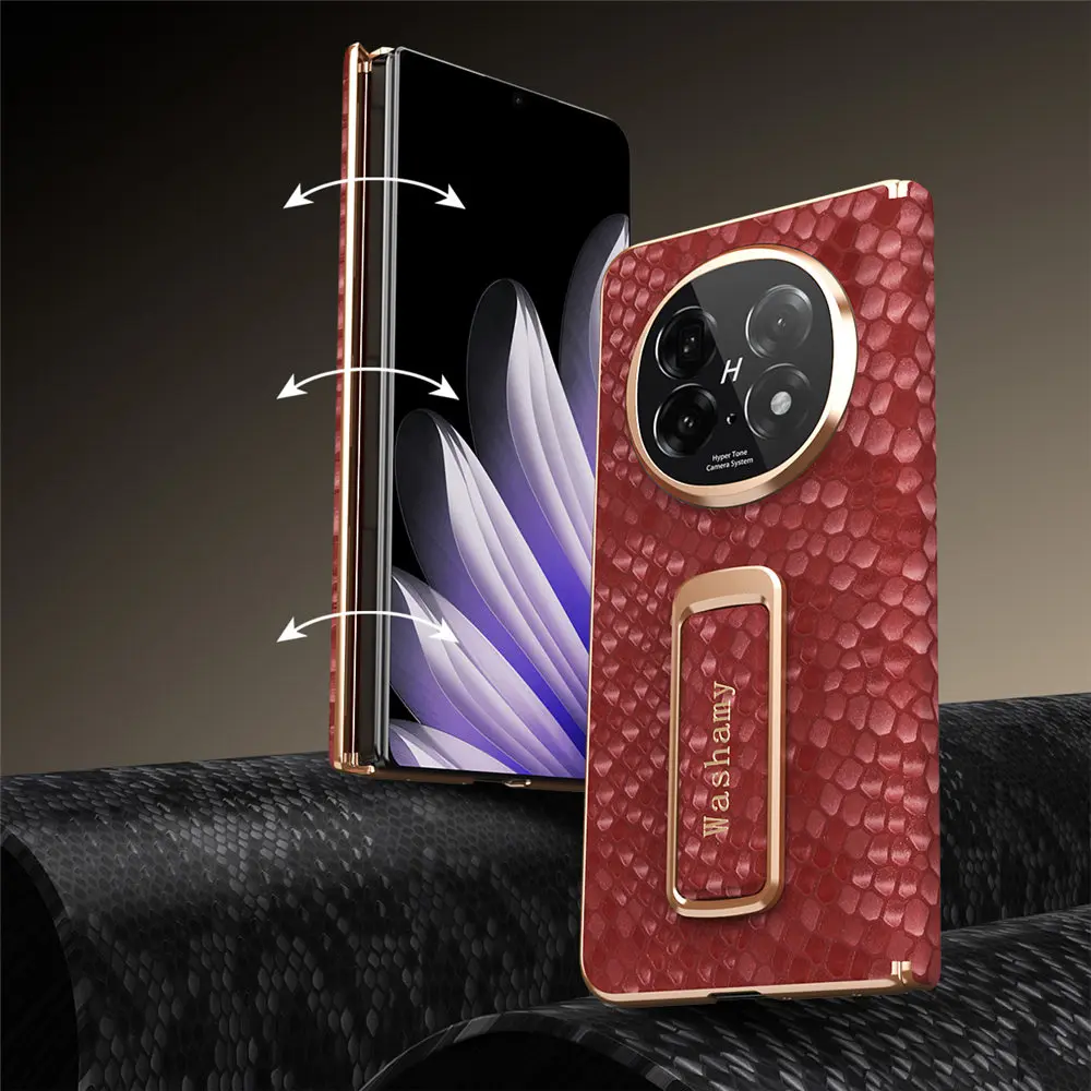 Funda con soporte de patrón de pitón de cuero de vaca Natural de primera calidad para OPPO Find N5, cubierta protectora trasera con bisagra