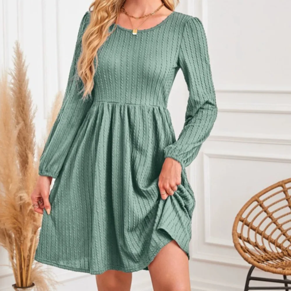 女性のファッションカジュアルコンフォートラウンドネックポケットニット長袖Aラインドレスポケット付きソリッドカラーカジュアル多用途