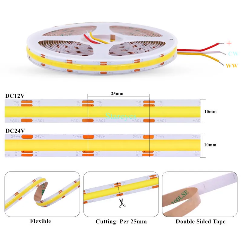 COB CCT LED Strip DC12V 5m 24V 10m 608 LED/m FCOB LED Light Dimmable Dual White Flexible LED Tape High Density Ra90 Linear Rope
