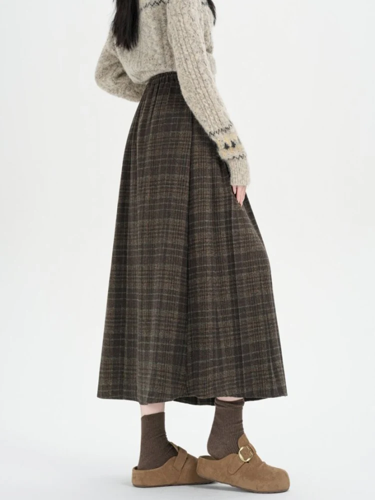 伸縮性ウエストレトロチェック柄プリーツウールスカート女性秋冬暖かいカジュアルビッグスイングロングAラインスカートレディース