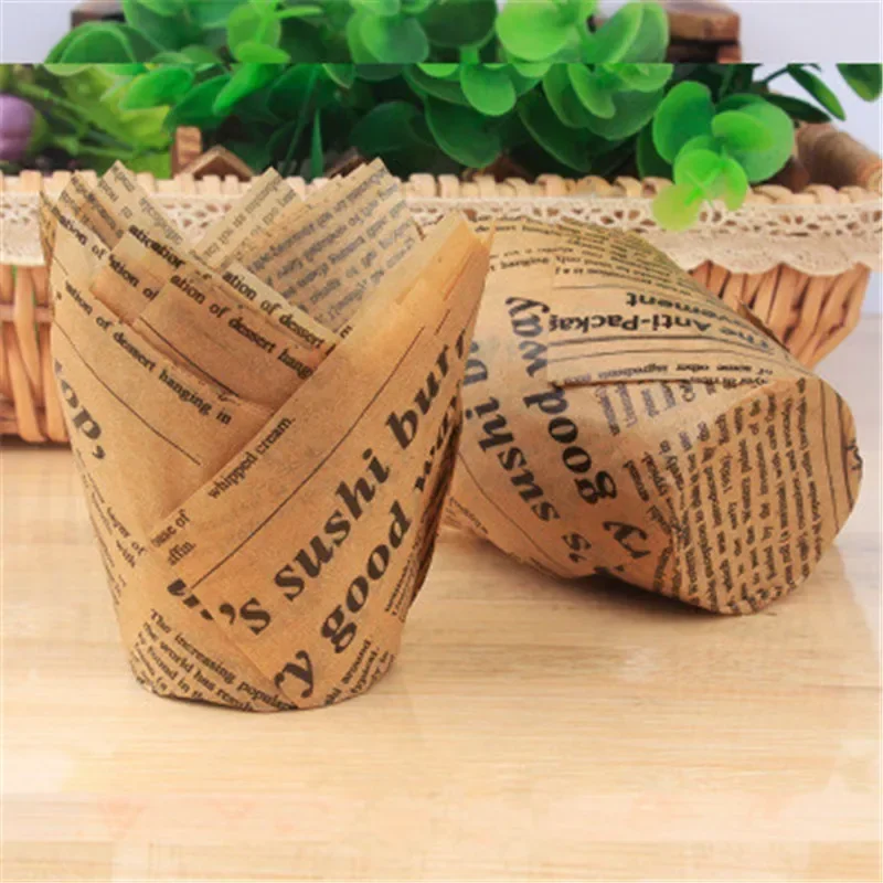 

50pcs Newspaper Style Cupcake Liner Baking Cup For Wedding Party Caissettes Tulip Muffin Cupcake Paper Cup Oilproof Cake Wrapper