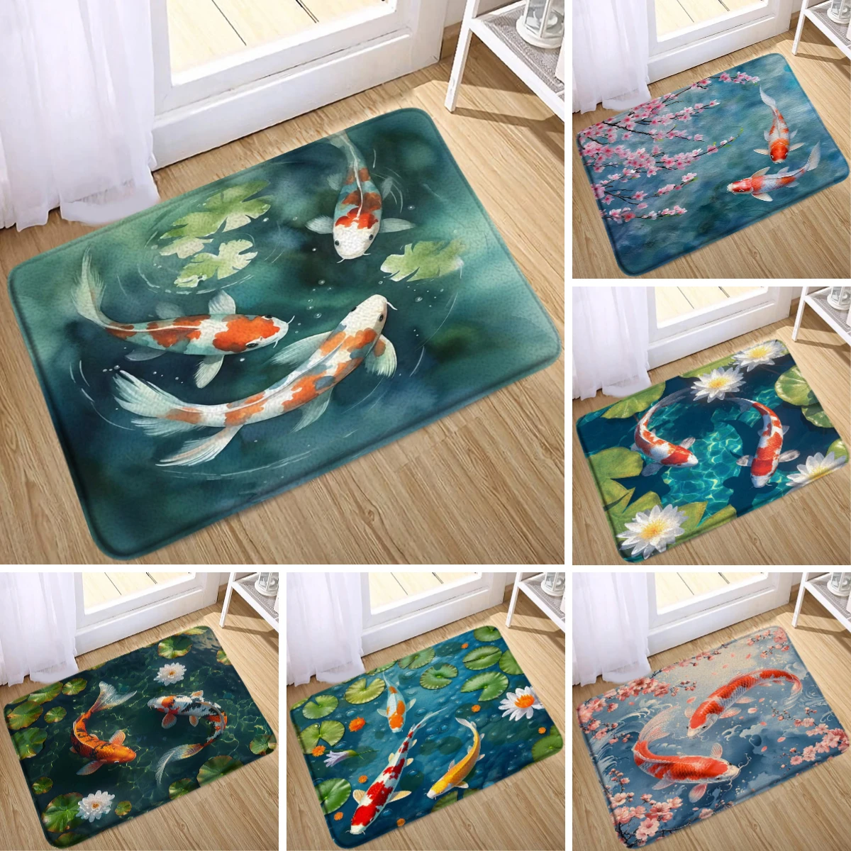 Japanese Style Bath Mats Koi Fish Octopus Cherry Blossom Sea Waves Ink Art Landscape Home Doormat Carpet Bathroom Decor Bath Rug