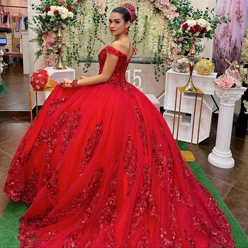 

Gorgeous Red Quinceanera Dresses for 15 Year 2024 Ball Gown Sexy V Neck Off the Shoulder Applique Lace Long Party Dress for Girl