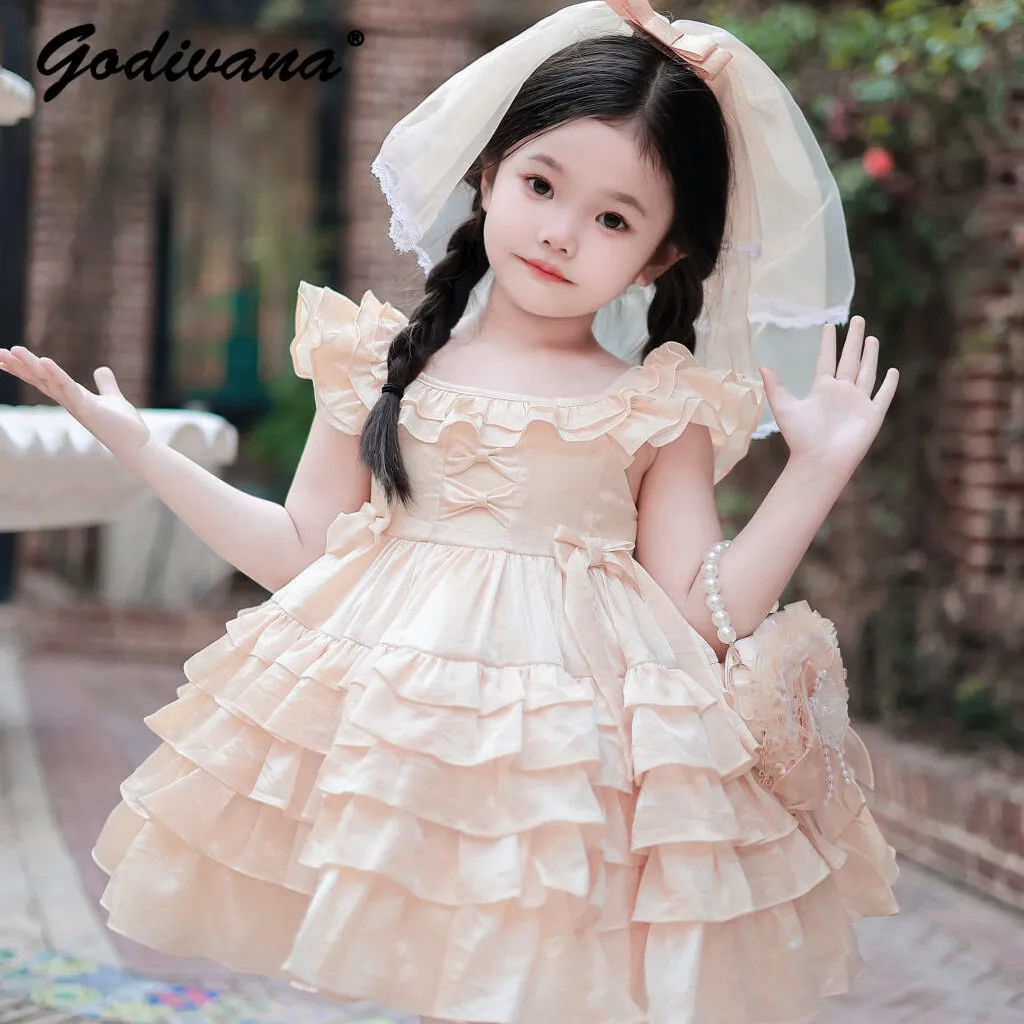Sweet Baby Girls High End Champagne-colored Princess Dress 2026 New Summer Toddlers Ruffle Trim High Waist Birthday Cake Gown - view 5