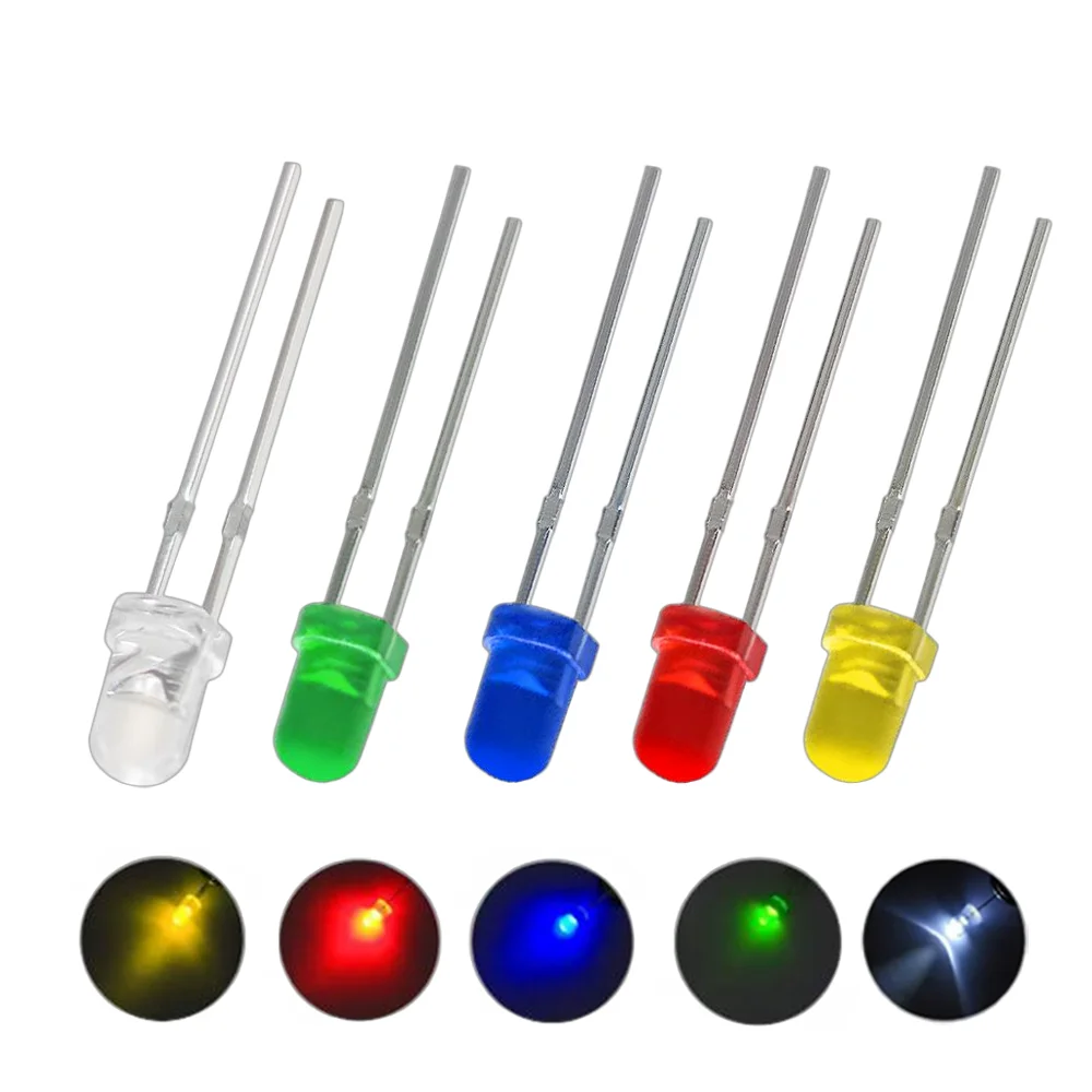 50/100pcs 3mm LED Super Bright Diode F3 Round Light Emitting Diodes  Assortment Kit White Red Yellow Blue Green