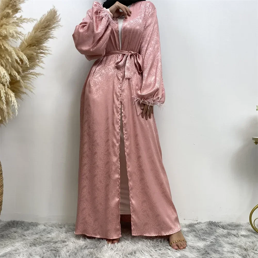 Simple Abayas for Women Maxi Dress Printed Satin Muslim Cardigan Dresses Casual Long Sleeve Feather Cardigan Long Dress Vestidos