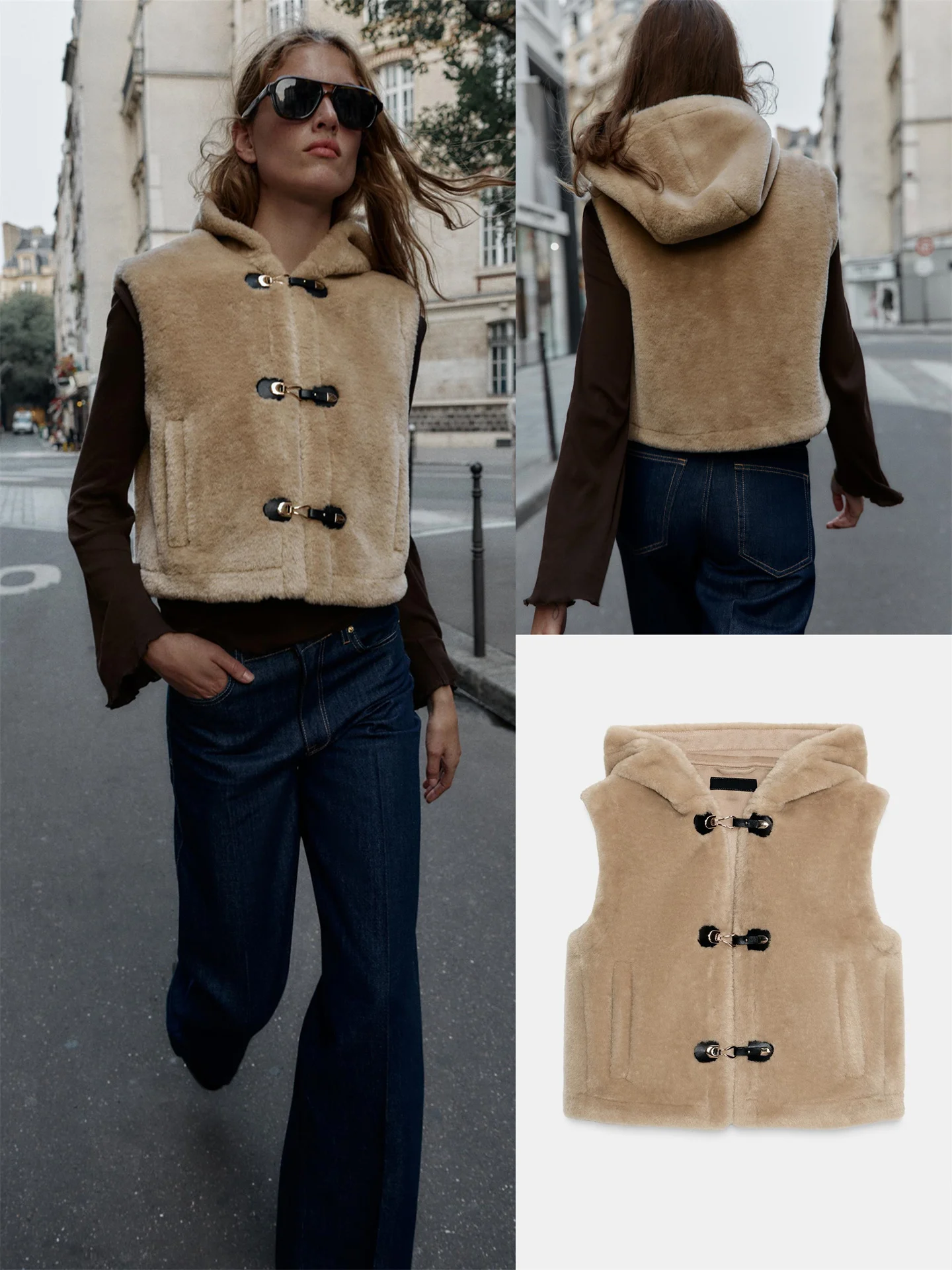 

Faionable Casual Hooded Svel Vest Women's Clothing Autumn Winter New Sle Fce Decorative Rope Bule Design