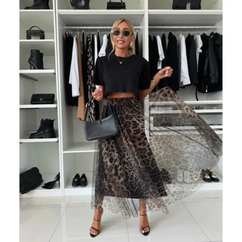 Women\'s Leopard Print Skirt With Elastic Waist And Large Swing Mesh Sexy Autumn And Winter Versatile New Ladies\'s Skirt 2024