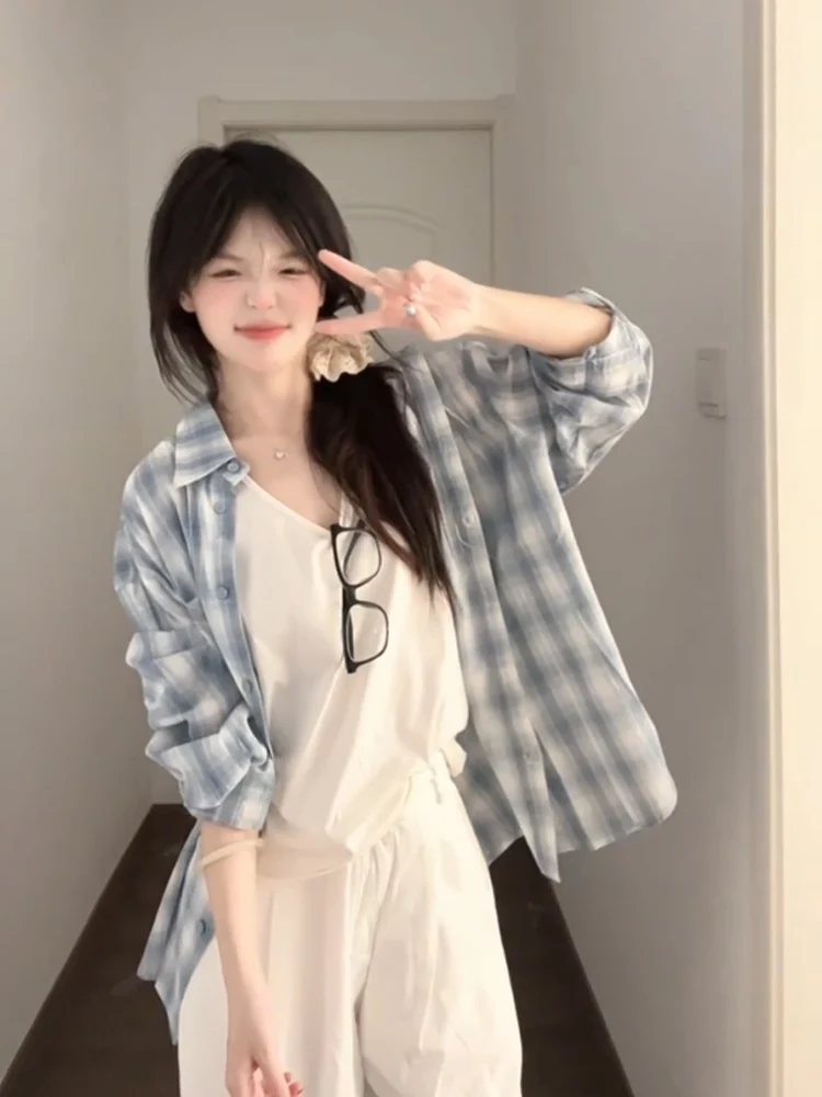 Korean Sle Anti-Uv Long Sve Plaid irt Women's Spring Autumn New High-End Feeling Personali Top Coat Vintage Loose Fit