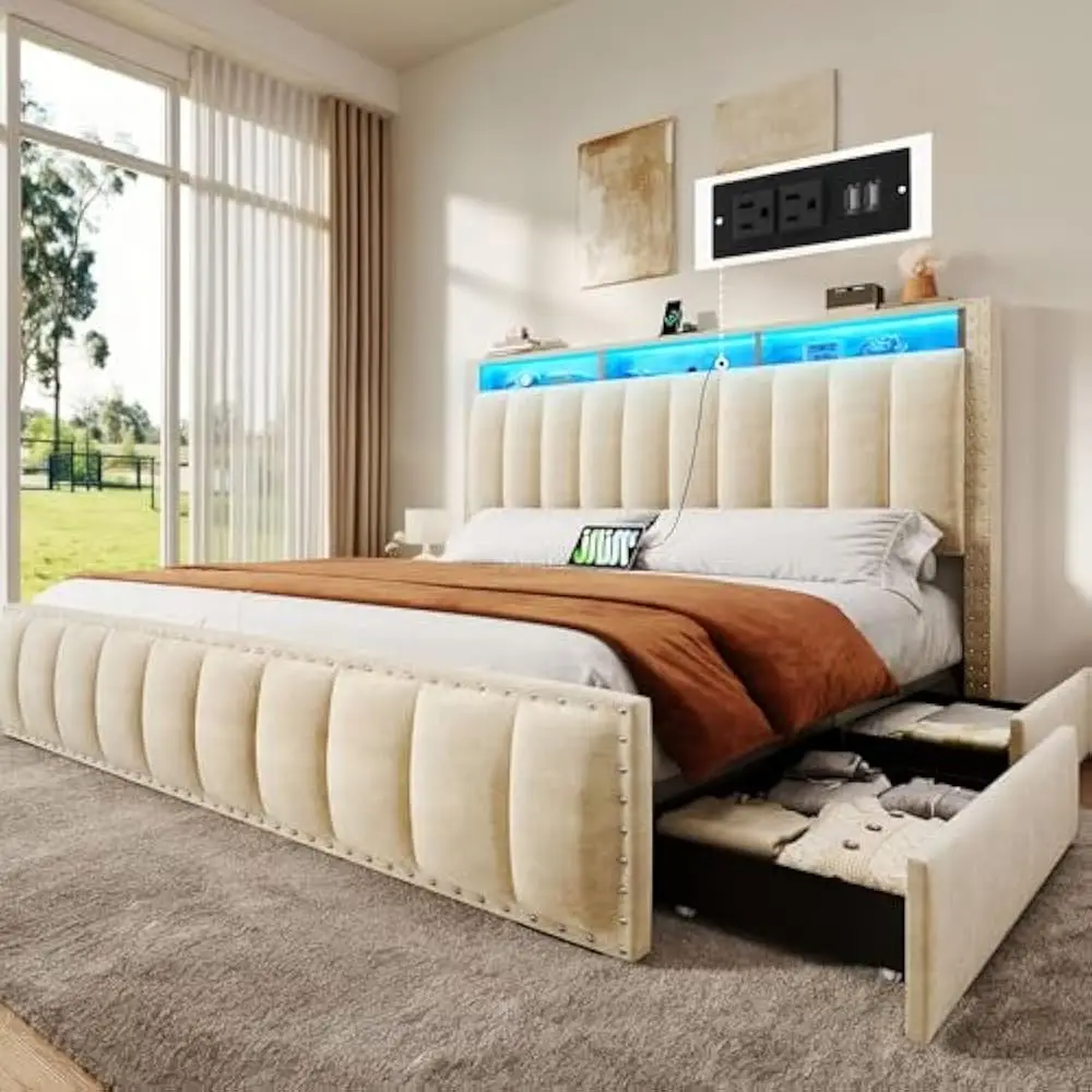 LED-Bettgestell in voller Größe mit 4 Schubladen und RGB, Plattformbett und Ladestation und Kopfteil mit Stauraum, kein Boxspringbett erforderlich