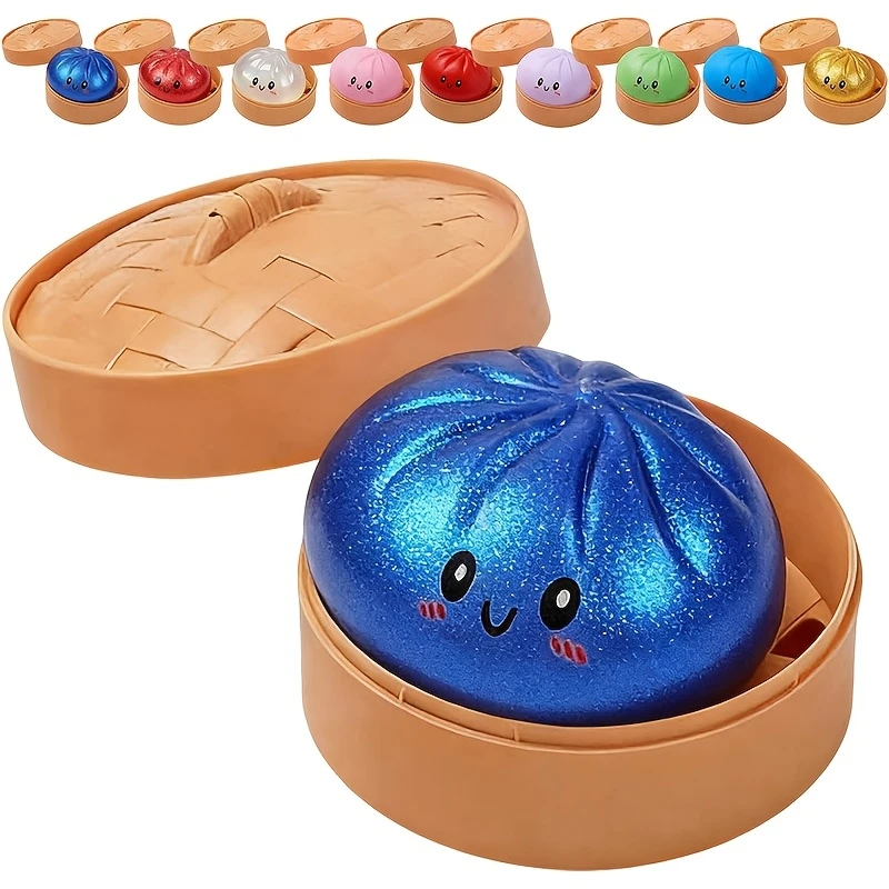 Glitter Dumpling Squishy Toy Jumbo Bao Bun Stress Ball with Steamer Basket Slow Rising Fidget for Adults Kids Stress Relief